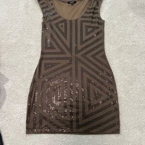 Express Taupe Sequin Geometric Mini Dress